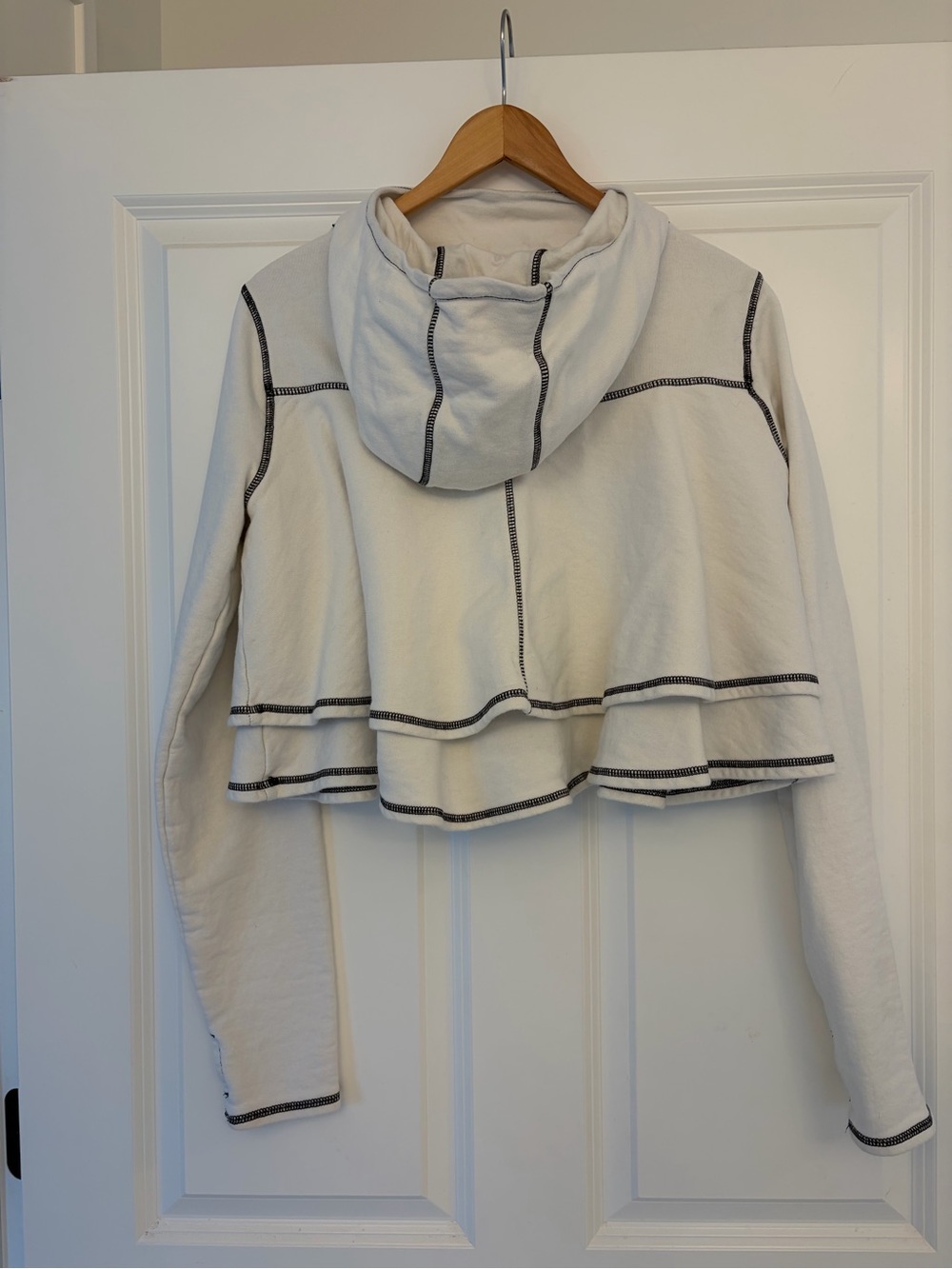 Free People Cropped White Hooded Sweatshirt with Contrast Stitching - Picture 2 of 3